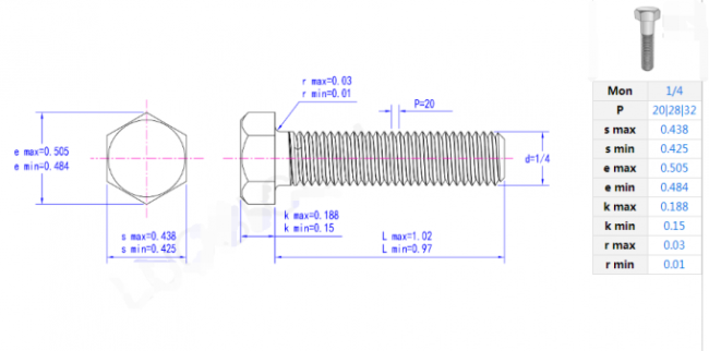 Gr2 Gr5 Titanium Bolts And Nuts Hex Head 1/4''-20 TPI 1'' ASME ANSI B18.2.1 0