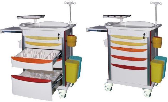 Emergency cart side view showing drawers