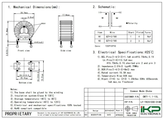 1.1mh Common Mode Choke Inductor for Motorcycle Parts