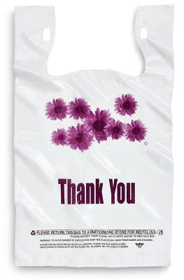 China Purple Flower Thank You Plastic Shopping Bags - 500 pcs/case, white colour,LDPE material for sale
