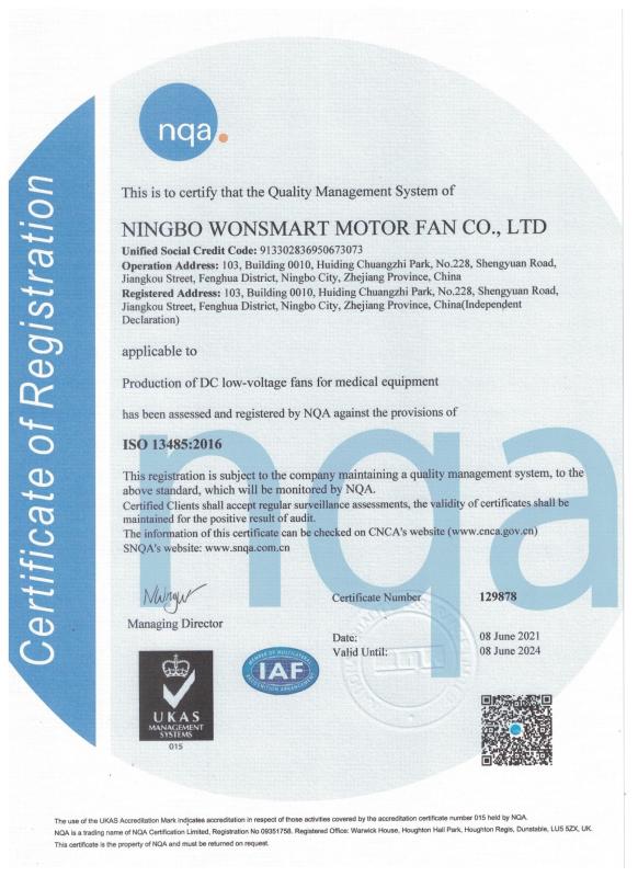 Certification Testing-Management System Certificate - Ningbo Wonsmart Motor Fan Co.,Ltd