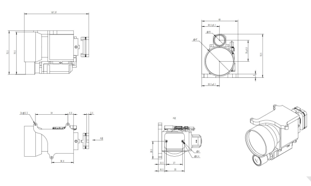 FW-ED11 Laser Ranging Module dimensional drawing showing 107mm length, 62mm width, and 72mm height