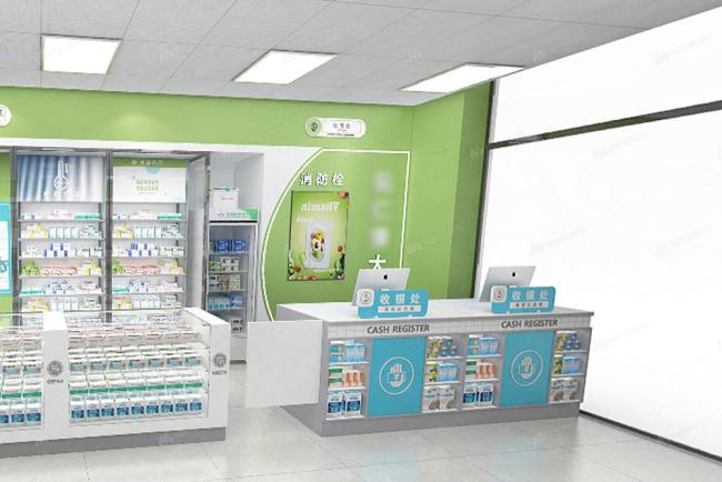 Professional drugstore display furniture arrangement