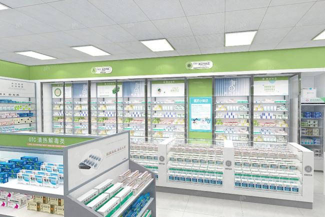Pharmacy store interior design showing display racks and counter