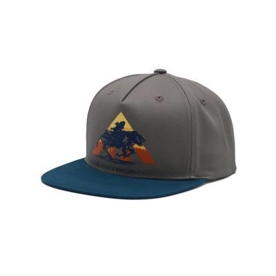 China Sublimation Patch In Front Panel Flat Brim Snapback Hats 100% Cotton Twill Grey Caps for sale