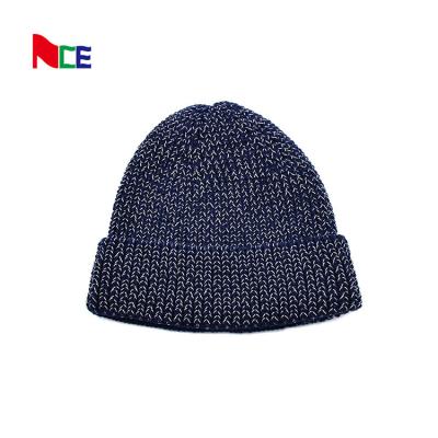 China 60cm Winter Beanie Hat Men Reflective Yarn Knit Skull Soft Warm Fold Up Cuff Daily Beanie Caps for sale