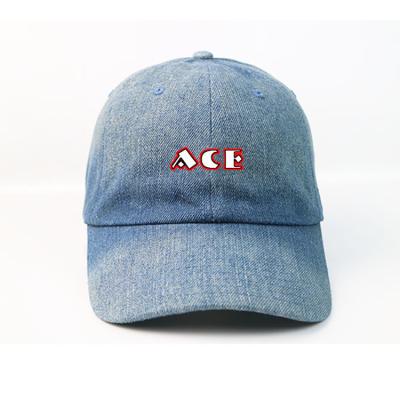 China ACE Wash blue denim  Customized curve brim  silk printed logo baseball Hats Caps en venta