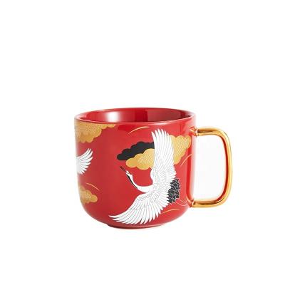 China Red Blue Pink Mug Gold Handle Asian Chinese Style Decal Ceramic Mugs With Handpaint Handle For Lover Gift for sale