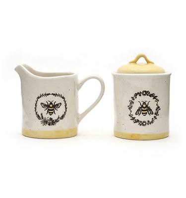 China Pottery Creamer And Sugar Set 3D Bees Silk Printed Sugar With Ceramic Lid Everyday for sale