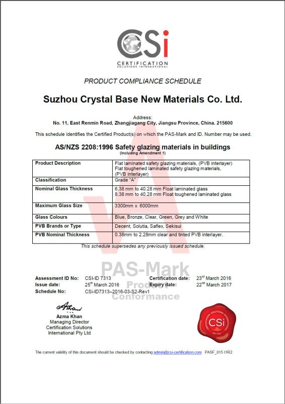 Laminated Glass Australian Standard Certificate - Suzhou Crystal Base New Materials Co.,Ltd