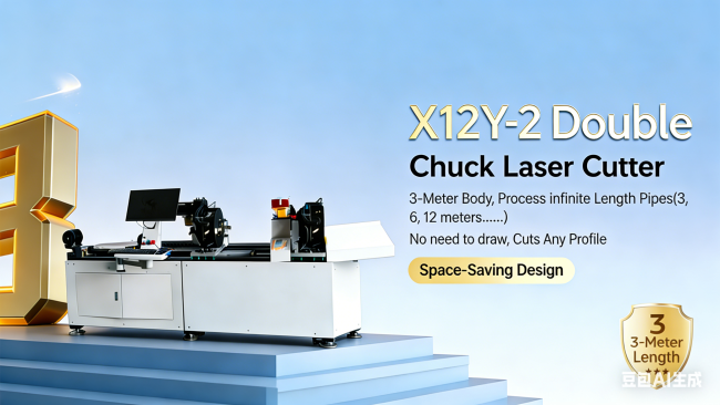 Close-up view of laser cutting head and tube processing mechanism on manufacturing equipment