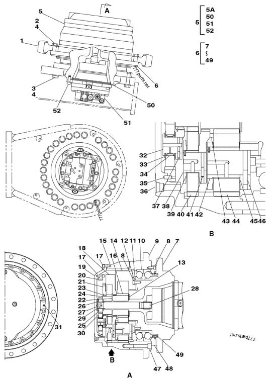 Excavator travel gearbox components and assembly