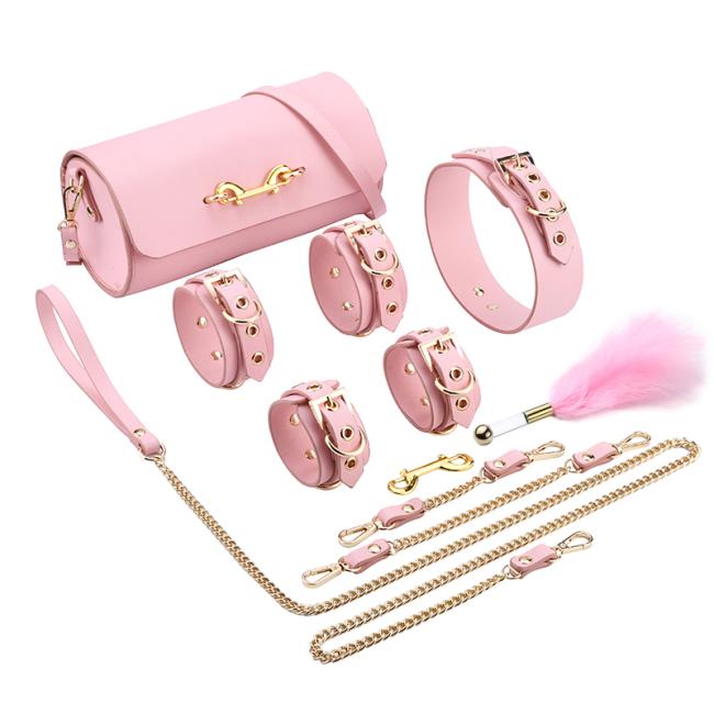 Bondage Gear Real Leather Set 5pcs with Bag Handcuffs Bondage Kits Sex Toy Adult