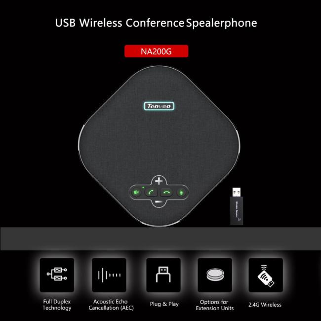 Na200g Wireless Conference Speaker with Dongle Idea for Home Office 360 Degree Voice Pickup 4 Ai Echo&Noise Canceling Microphones USB Speakerphone with Aux out