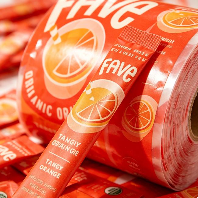 Custom printed orange flavor rollstock film and finished sachet for drink mix packaging