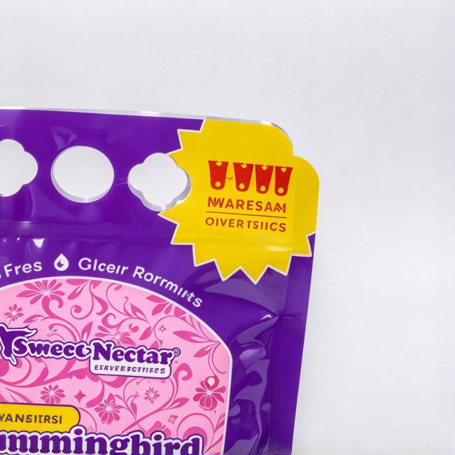 Close up of custom printed hummingbird nectar concentrate stand up pouch, multi die-cut carry handle, flexible liquid packaging with dispensing tap