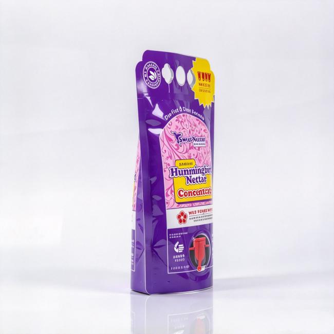 purple custom hummingbird nectar concentrate spout pouch, stand up liquid packaging with red tap dispenser