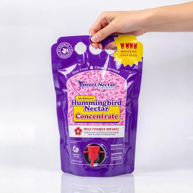 Hand holding custom printed stand up pouch for hummingbird nectar concentrate, equipped with red dispensing tap and multi carry holes