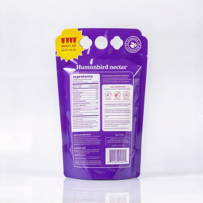 hummingbird nectar concentrate flexible pouch, printed ingredients and warning information, custom liquid packaging