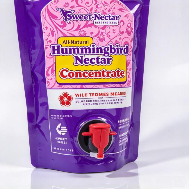 Close-up shot of red dispensing tap on hummingbird nectar concentrate stand up pouch, custom printed flexible liquid packaging