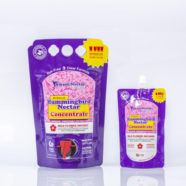 1. `custom printed stand‑up pouch with butterfly tap for hummingbird nectar concentrate liquid packaging`