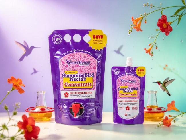 Custom stand up pouches for hummingbird nectar concentrate. Full color printed retail packaging with dispensing tap, ideal for bird food liquid products.