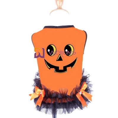 China Satin Ribbon Bow Halloween Pet Dress Round Neck Design Pumpkin Dog Dress for sale