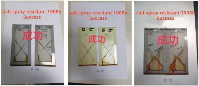 3 different formulas and different colors challenged salt spray resistance for 1000 hours