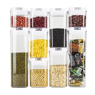 China 9 Pcs Set Stackable Transparent Pantry Airtight Cereal Dry Food Plastic Storage Containers with White Lid for sale