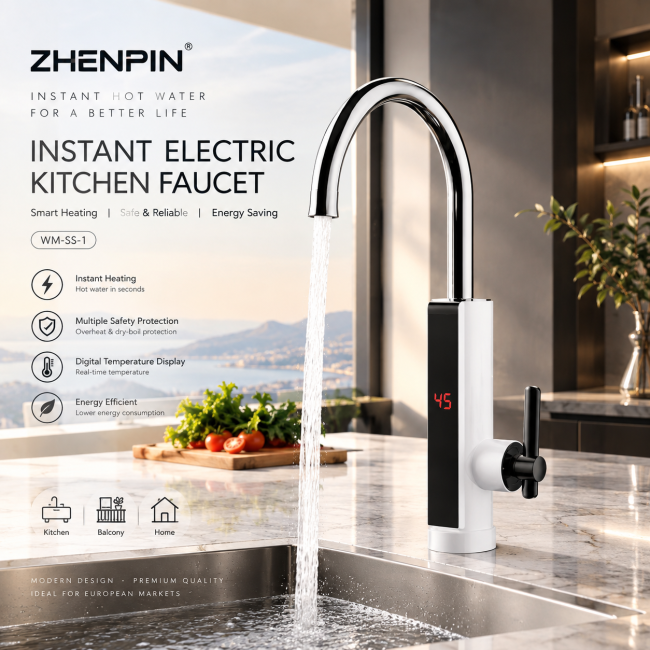 Kitchen Electric Instantaneous Hot Water Tap with LED Digital Temperature Display