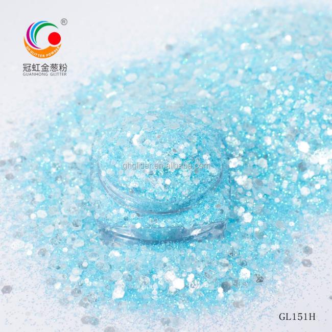 Hexagonal glitter particles displaying rainbow color spectrum