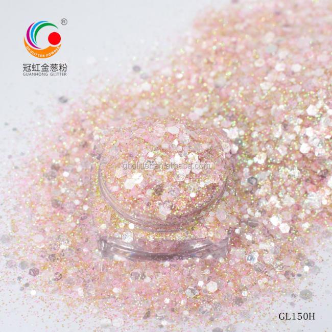 Close-up view of holographic glitter mix with chunky particle sizes