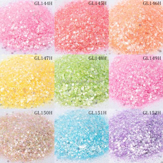 Packaged glitter products showing different color variations