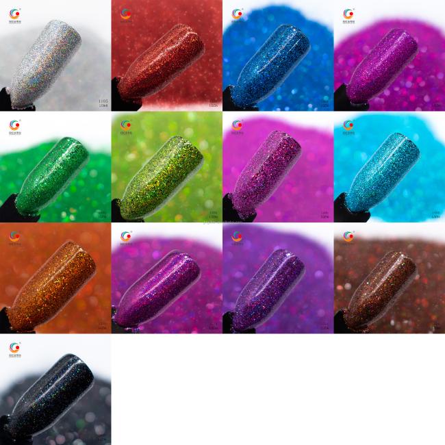 Holographic glitter powder packaging and bulk presentation