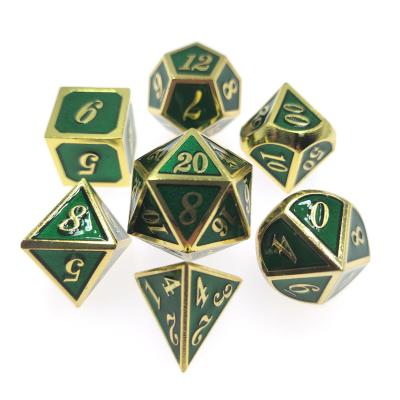 China Fancy Metal Dice Set Anti Wear 7 Piece Gaming Dice Set Wear Polyhedral Gilt Green en venta
