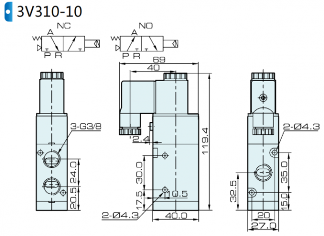 3V310-10-NO Airtac Type Pneumatic Solenoid Valve 3 Way 2 Position 0