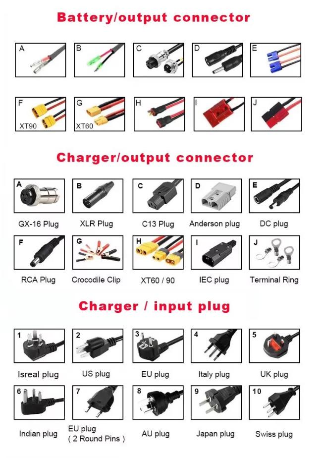 Various input and output plug options for battery packs