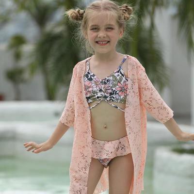 China Split Girls Swimming Suits Pink Printed Children'S Swimsuit Lace Shawl Three Piece Bikini for sale