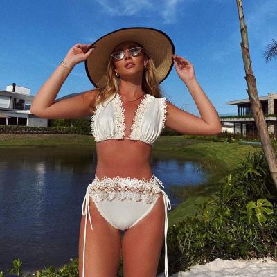 China Halter Swimming Suits Bikini with Removable Padding for Women white color lace for sale