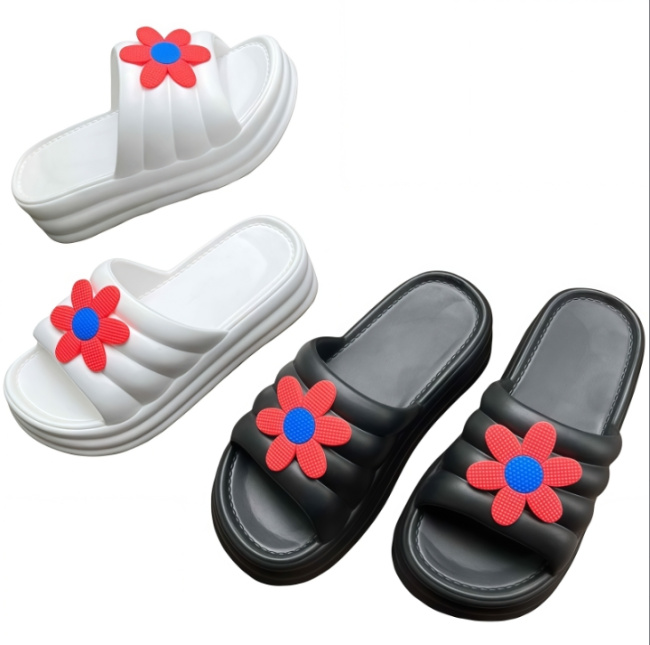 Women EVA slide sandals with flower decor, lightweight platform slippers