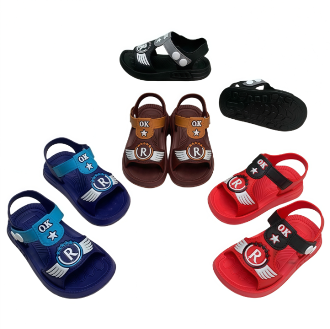Kids EVA Cartoon Sandals, Closed Toe Beach Shoes, Red Blue Brown Black