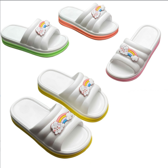 Kids EVA Slides with Rainbow and Cloud Decoration, Platform Sole, White with Colorful Bottom