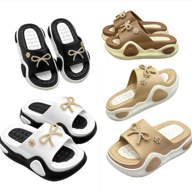 Genuine EVA Women Bowknot Decor Slides White Background
