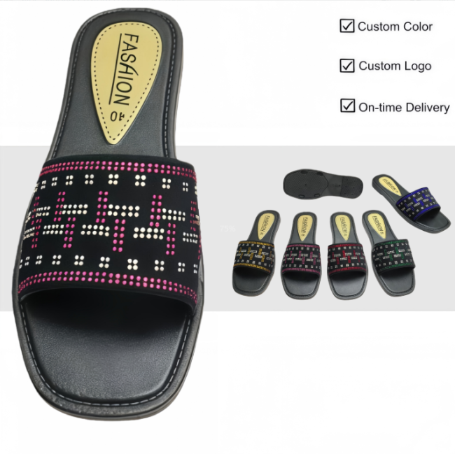 PVC Women Rhinestone Flat Slides Multi Colors Wholesale
