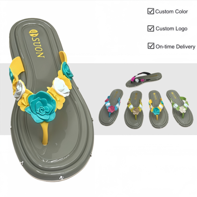 PVC Women Floral Flip Flops Custom Color Logo Factory Direct Wholesale