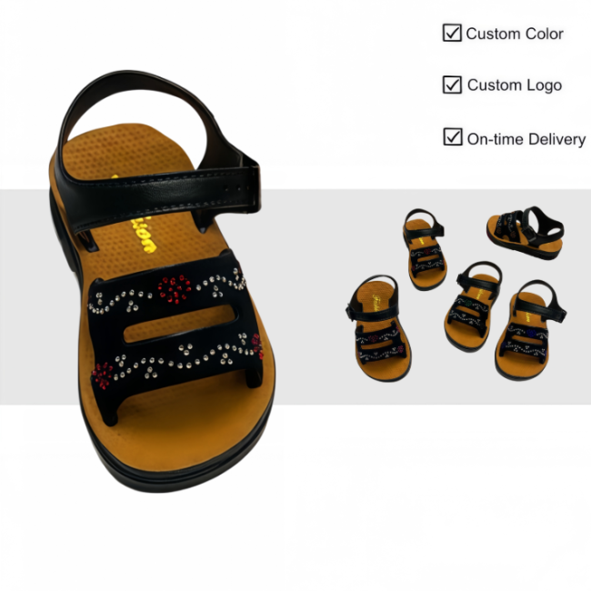PVC flower rhinestone non-slip casual sandals for kids, custom color & logo available, on-time wholesale delivery
