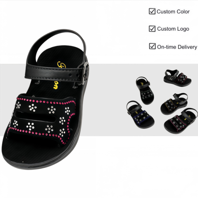 Wholesale PVC Kids Sandals with Floral Rhinestone Decor Non-slip Children Outdoor Footwear