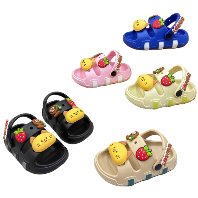 Bulk EVA Kids Clogs with 3D Cartoon Cat Strawberry Decor Non-slip Toddler Garden Shoes