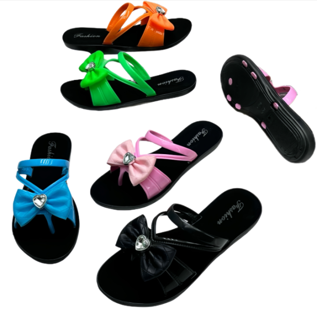 women's pvc bow flip flops, heart rhinestone sandals, factory direct wholesale footwear