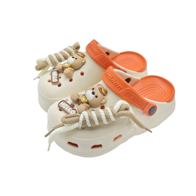 EVA women thick sole clogs with bear charms and rope laces color block design